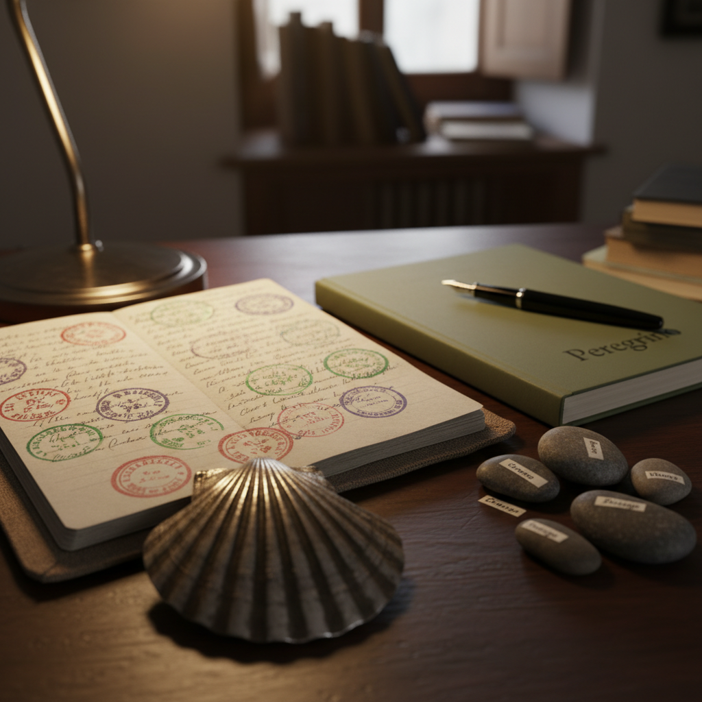 A carefully arranged collection of pilgrimage mementos on a dark wooden desk: a tarnished metal scallop shell, a fabric credential booklet filled with colorful stamped seals, a handful of small labeled pebbles, and a minimalist notebook with ‘Peregrino’ embossed on the cover. A slim fountain pen rests diagonally across open pages filled with neat handwriting. Soft, directional desk-lamp light creates a warm, intimate pool of illumination, leaving the surrounding room in gentle shadow. Photographic realism, shot from a slightly elevated angle with shallow depth of field focusing on the credential and shell, conveying a professional, documentary feel of personal achievements, records, and cherished memories of the journey.