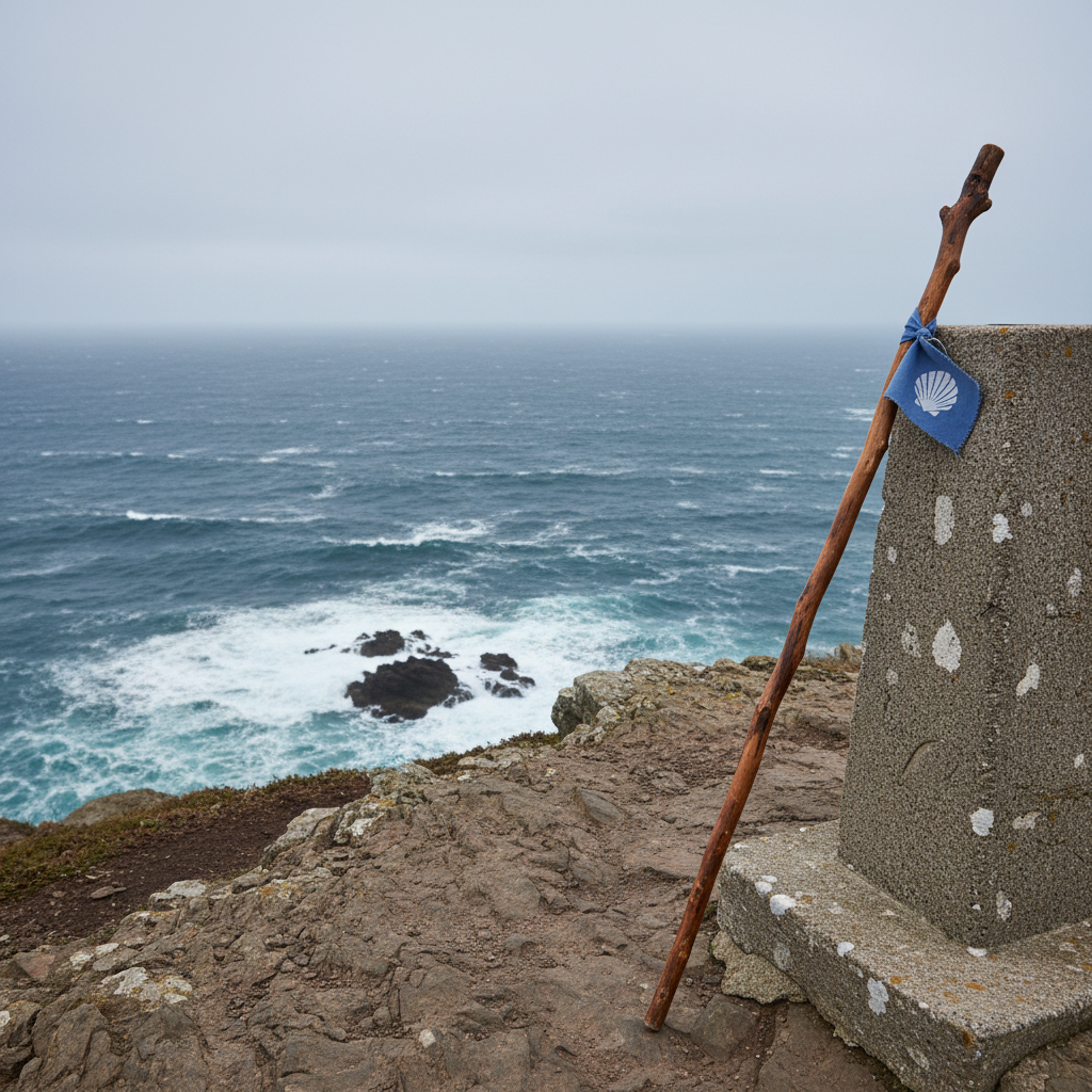 A lone wooden walking staff leaning against a simple stone marker on a windy coastal cliff, the staff’s surface polished by use, wrapped with a small cloth bearing a scallop shell emblem. Below, the ocean stretches outward in deep blues and silvers, waves crashing against jagged rocks. Overcast sky provides soft, diffused light, reducing harsh shadows and bringing out subtle textures in the stone, wood, and sea. Photographic realism, composed with the staff and marker on the rule of thirds, moderate depth of field keeping both foreground and seascape in clear focus, evoking a professional yet poetic mood of solitude, resilience, and vast horizons.
