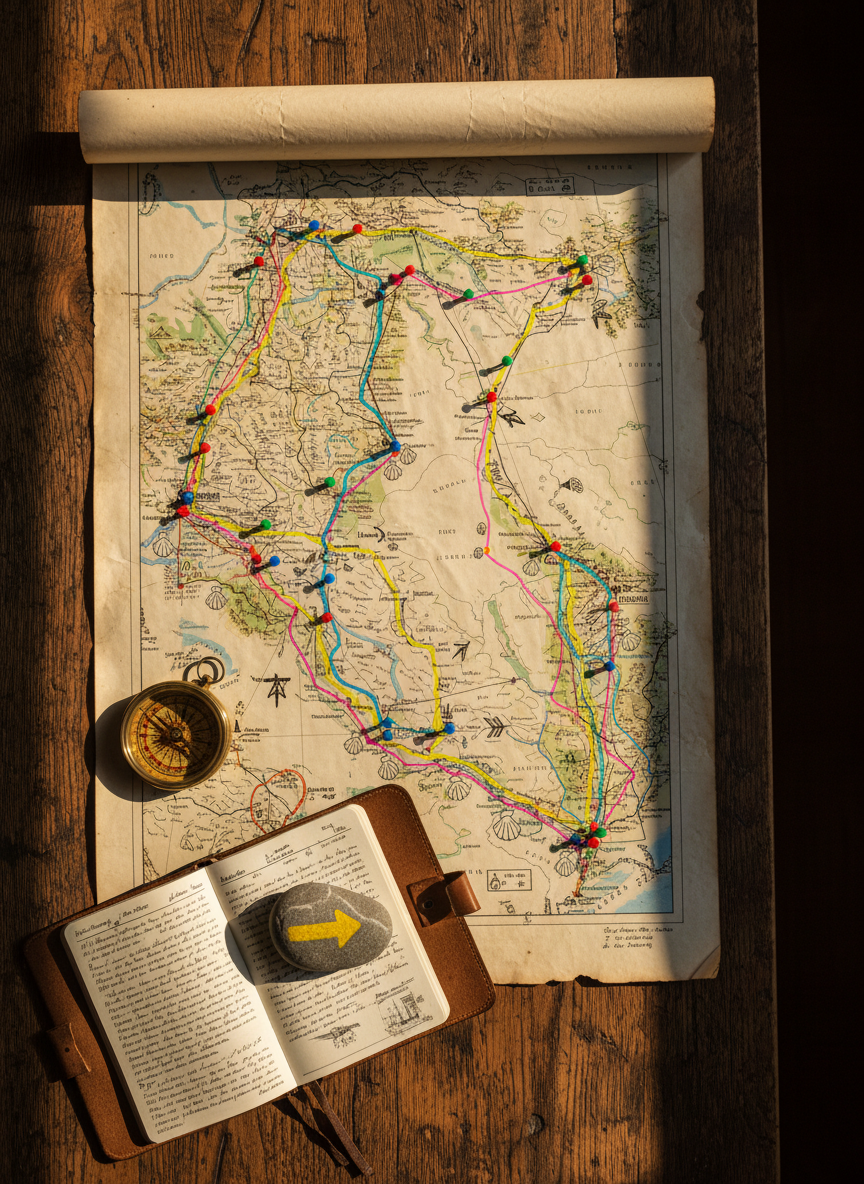A meticulously detailed map of a long pilgrimage route spread across a rustic wooden table, edges slightly curled and marked with colored pins, highlighter traces, and hand-drawn symbols of shells and arrows. Beside it lies a compass, a small field notebook filled with tiny handwriting, and a single smooth stone with a painted yellow arrow. Golden afternoon light filters through an unseen window, casting warm, directional beams and defined shadows that emphasize the paper’s texture and the grain of the wood. Photographic realism, top-down composition with sharp focus throughout, conveying a professional, organized mood of planning, strategy, and thoughtful preparation for a long journey.