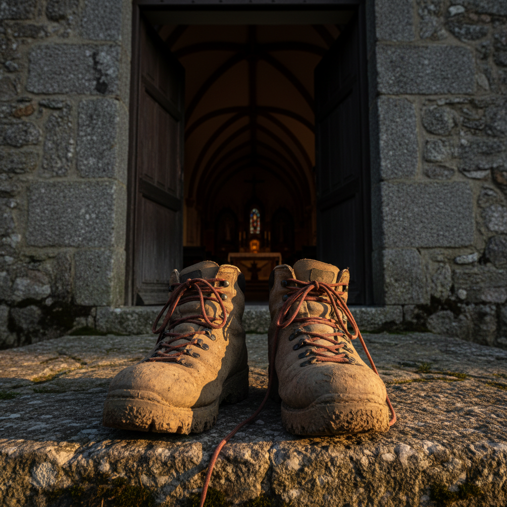 A pair of dust-covered hiking boots placed neatly at the entrance of a modest stone chapel door, their laces loosely tied and soles caked with dry earth. The chapel’s heavy wooden door is slightly ajar, revealing a dim, inviting interior, while the exterior stone is rough and mottled with age. Late-day golden light grazes the boots and threshold, creating rich contrast and emphasizing textures in leather, stone, and wood. Photographic realism, shot from a low angle with the boots in the foreground and chapel softly receding behind, capturing a solemn, reflective atmosphere of arrival, rest, and spiritual milestone on a pilgrimage.